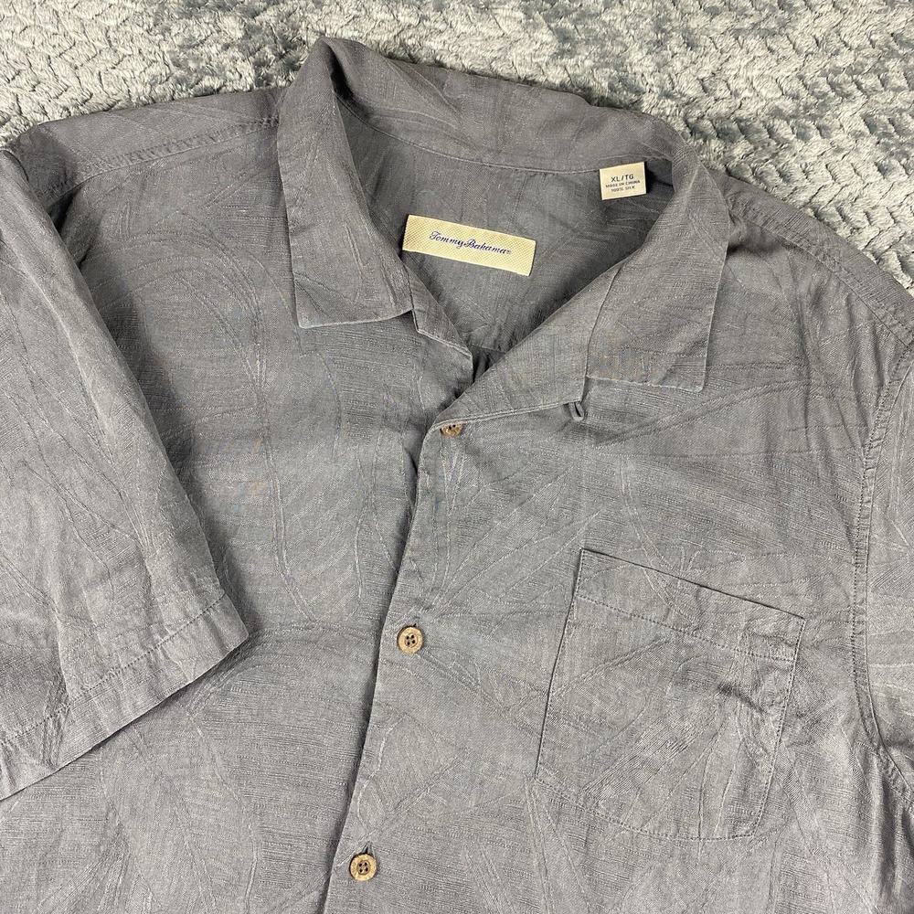 Tommy Bahama Mens XL Charcoal Gray 100% Silk Jacquard Palm Shirt Short Sleeve